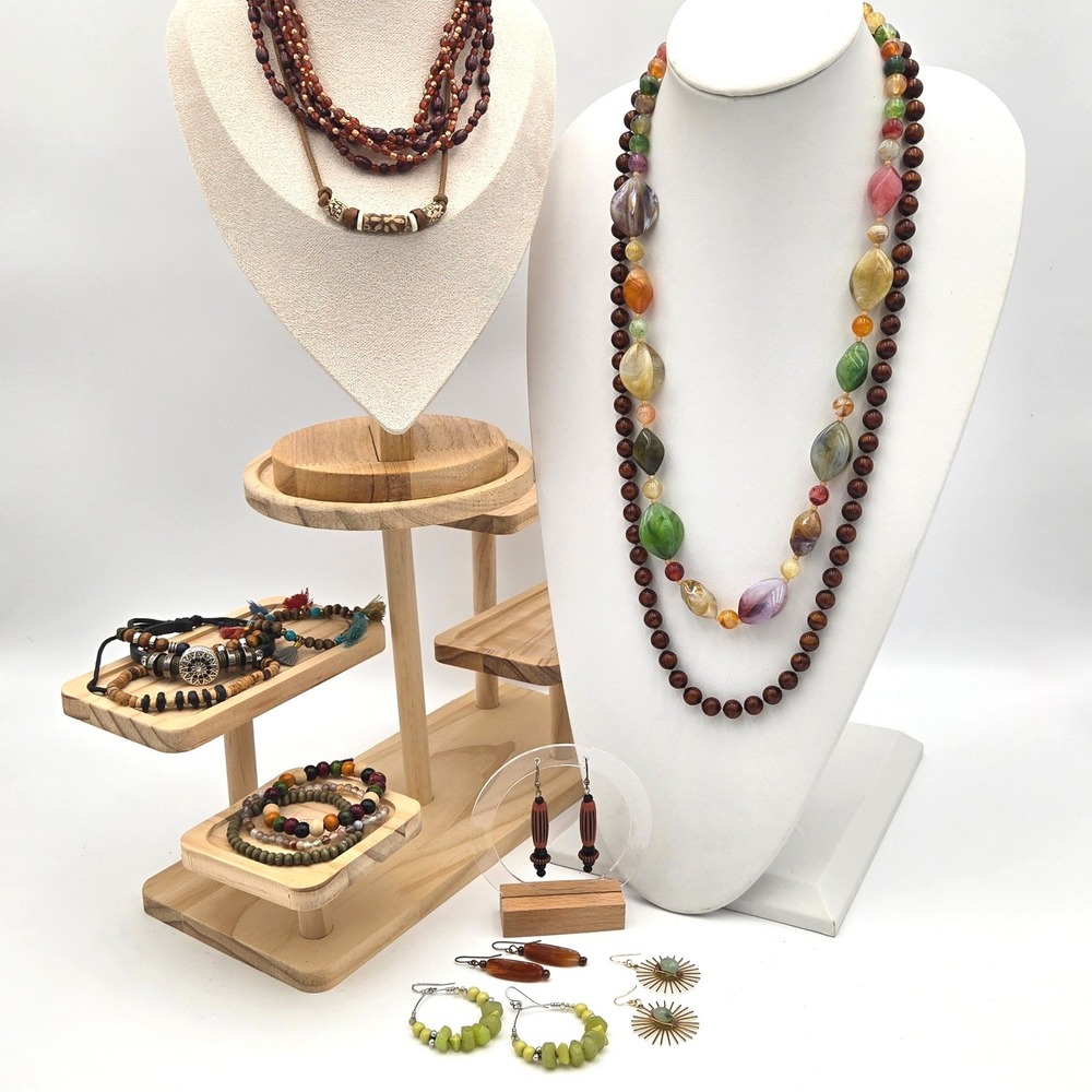 Natures Palette Jewelry Lot 12pc Stone Wood Boho Necklaces Bracelets Earrings